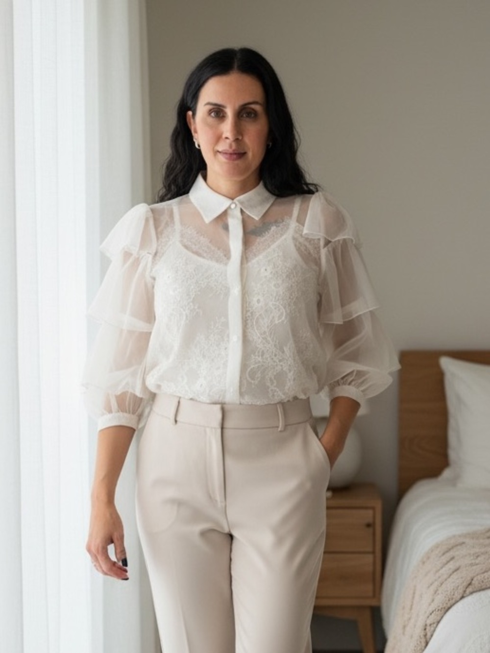 Alice + Olivia Silk White Sheer Button Up Top & Lace Pattern Camisole Set Medium